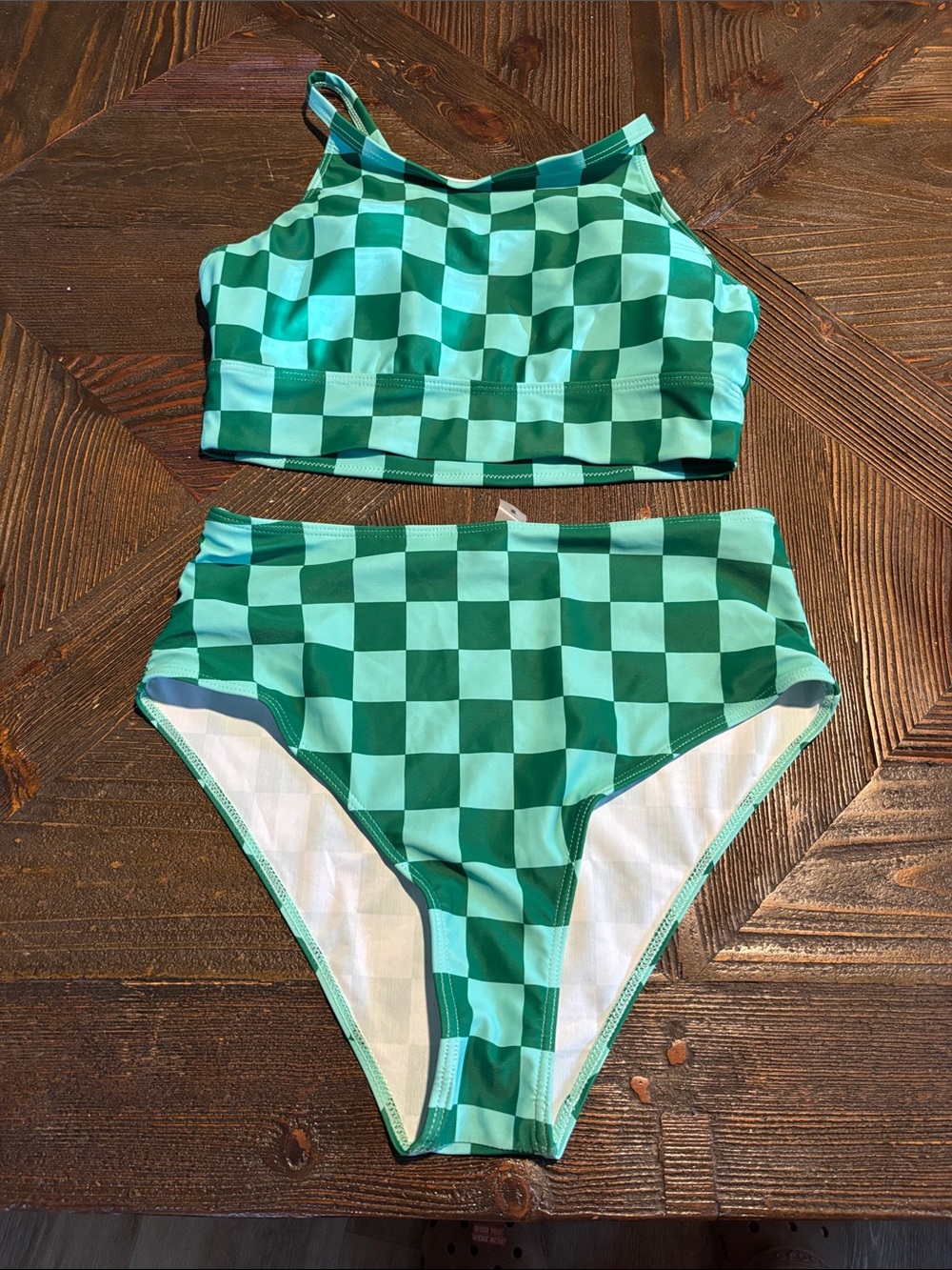 High-Waist Checkerboard Bikini Set in Mint Green